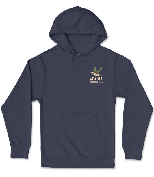 A navy blue hooded sweatshirt with the text "ACADIA NATIONAL PARK" printed on the front.