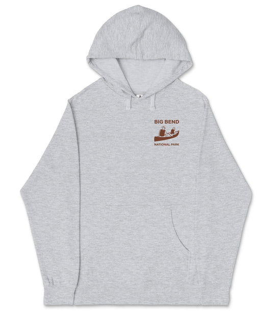 A gray hooded sweatshirt with a graphic design on the left side depicting a boat and the text "BIG BEND NATIONAL PARK" printed on it.