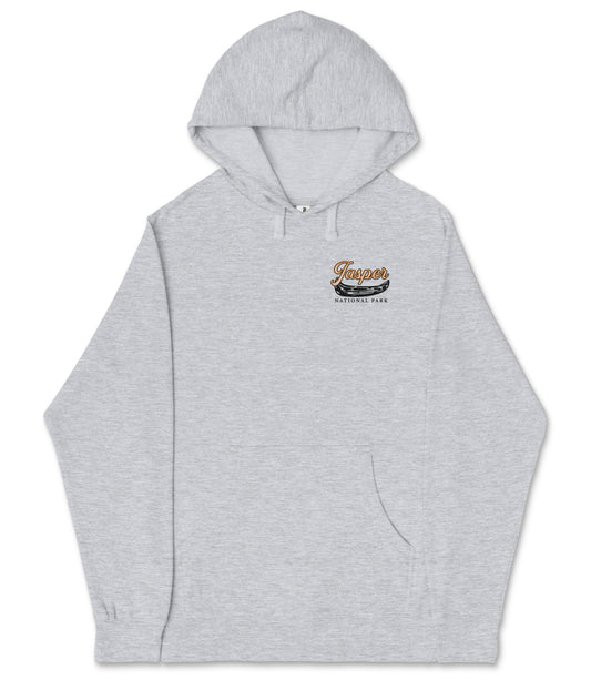 A gray hooded sweatshirt with a logo on the left side.