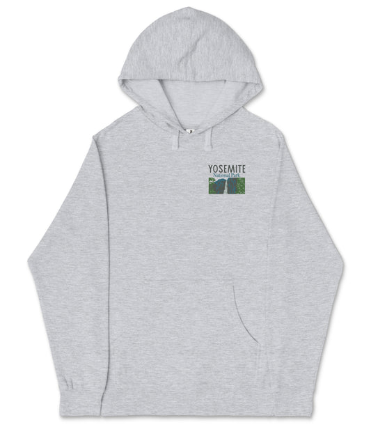 A gray hooded sweatshirt with a graphic design on the front, featuring a mountain range and the text "YOSEMITE" below it.