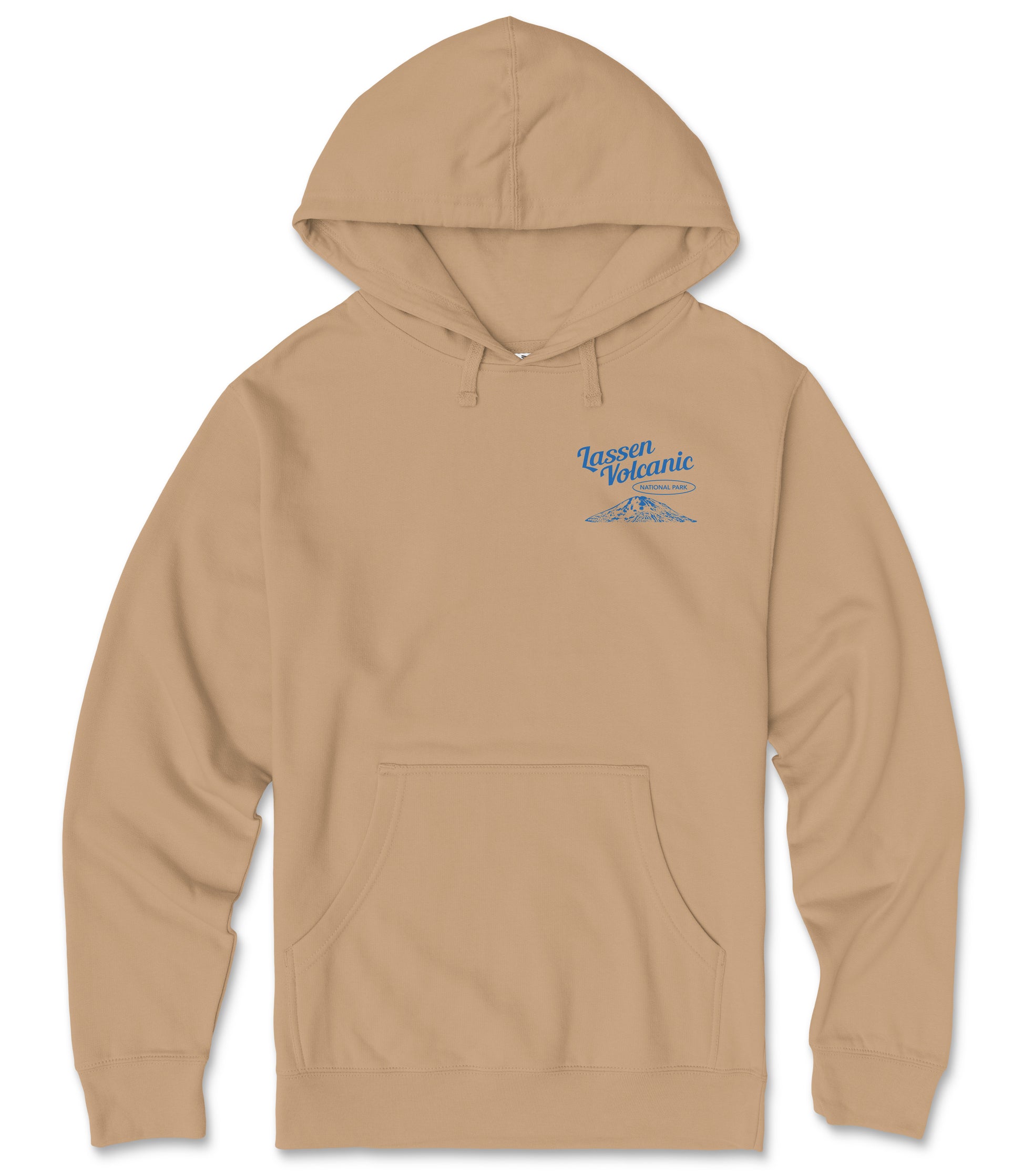 A beige hooded sweatshirt with a blue logo on the front.