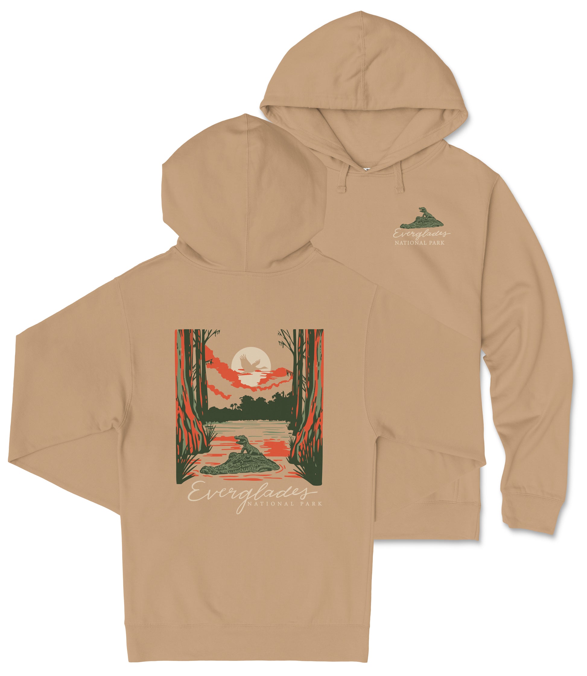 A tan hooded sweatshirt with a graphic design depicting a scenic landscape with a river, trees, and a sunset.