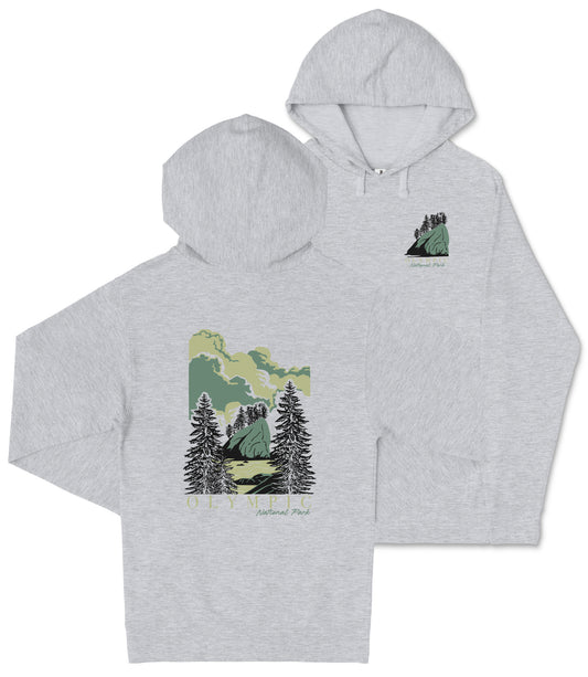 A gray hooded sweatshirt with a graphic design depicting a forest scene with pine trees and a mountain landscape.