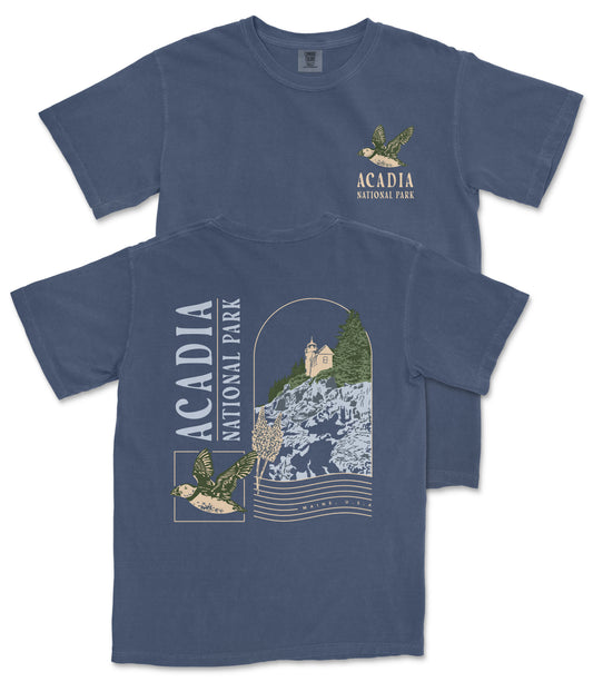 A blue t-shirt with a graphic design depicting a bird flying over a mountainous landscape, along with text that reads "ACADIA NATIONAL PARK".