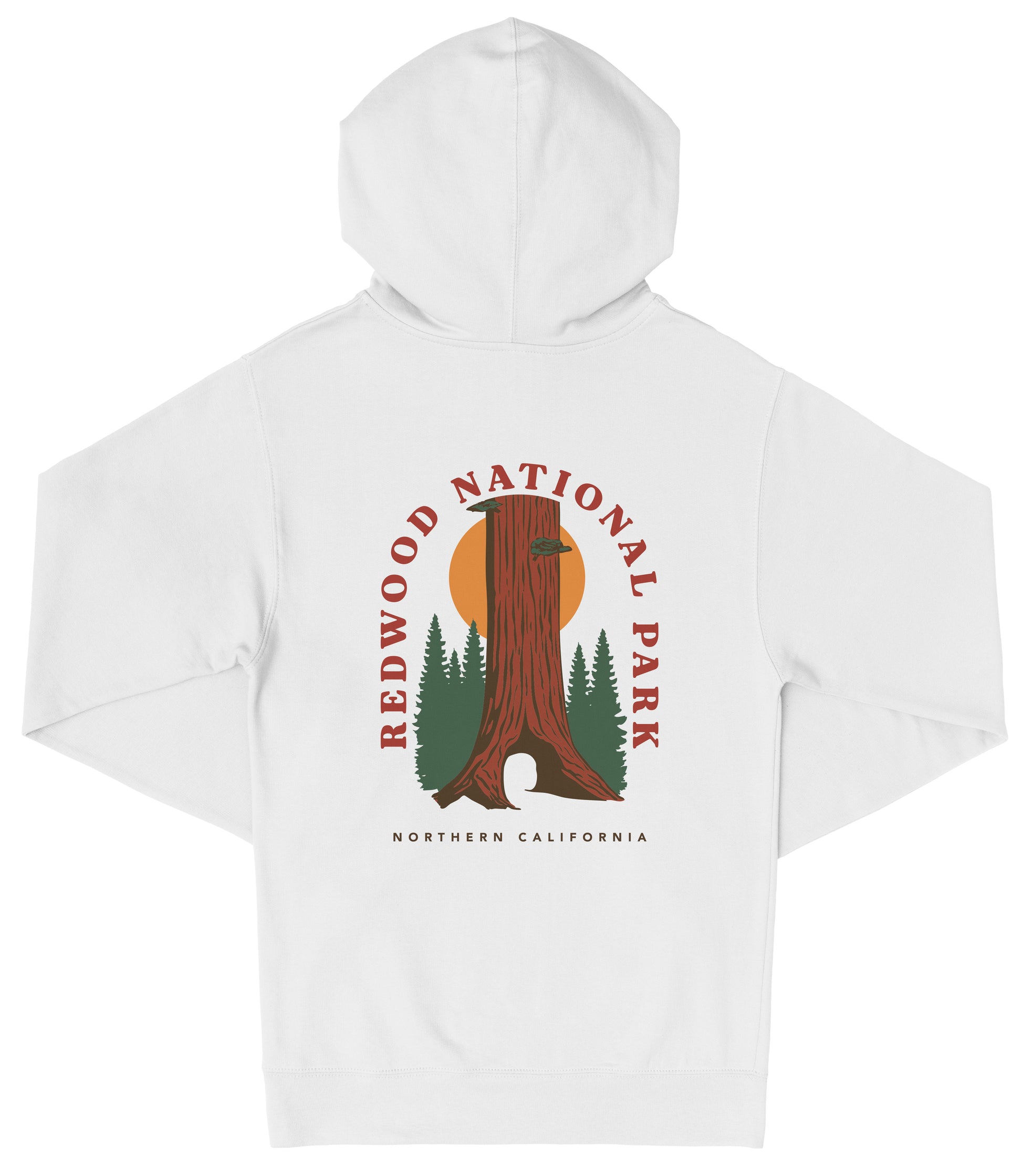 A white hooded sweatshirt with a graphic design featuring a tall tree with a sun in the background, surrounded by pine trees.