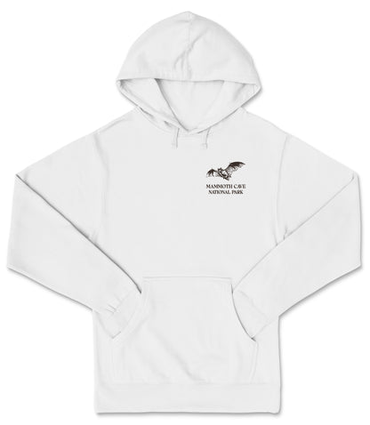 A white hooded sweatshirt with a graphic design and text on the front.