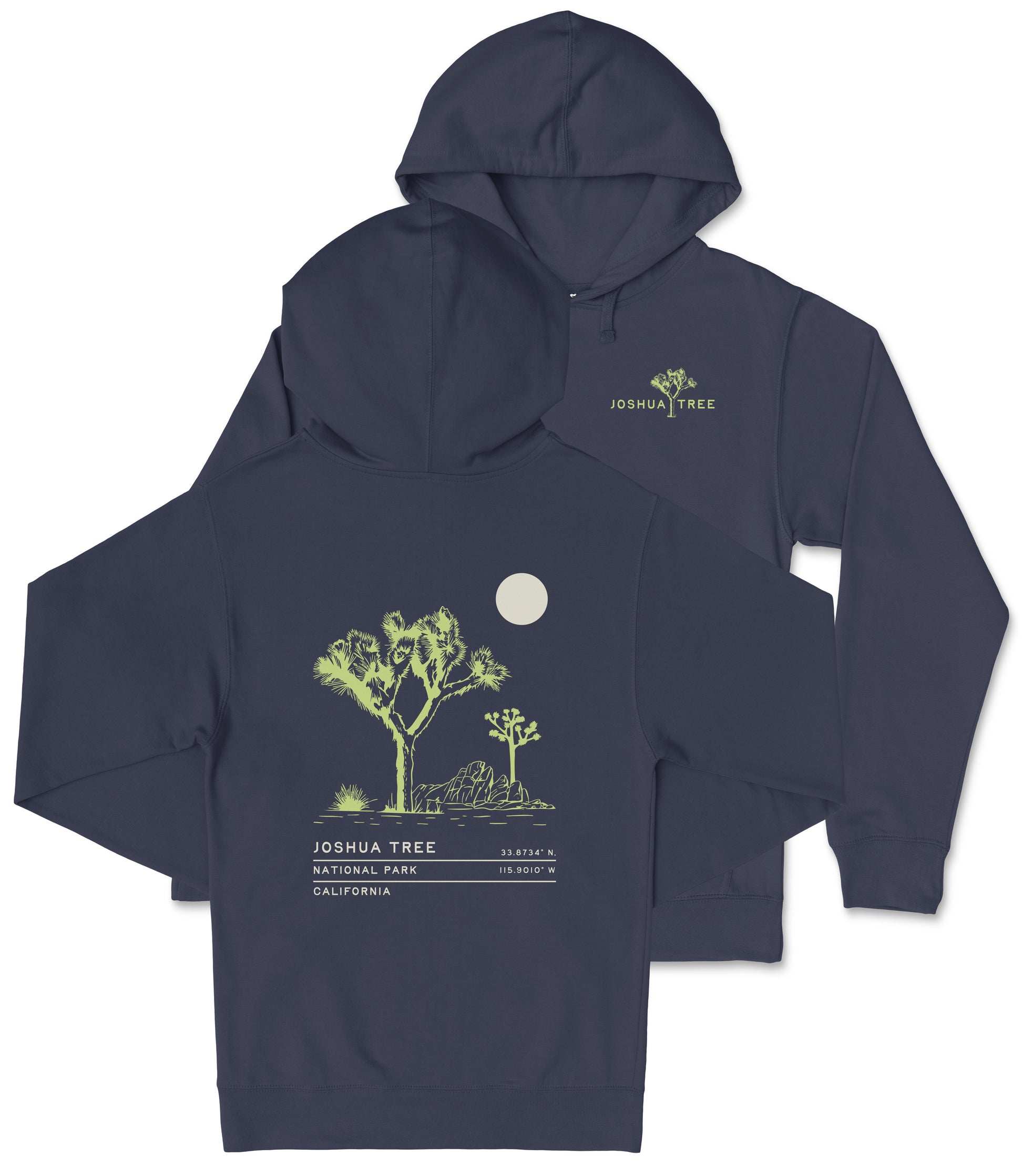 a navy blue hoodie with a graphic design depicting a desert scene, including a tree and a moon. The hoodie has a hood and a front pocket.