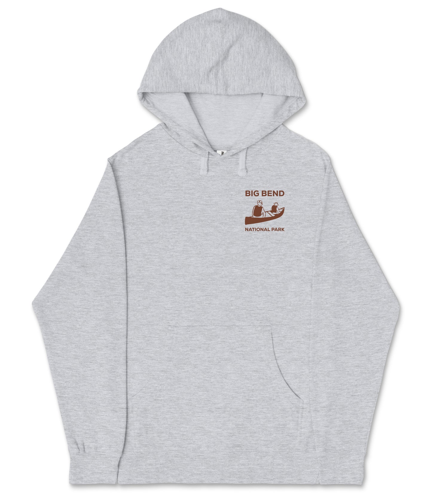 A gray hooded sweatshirt with a graphic design on the left side depicting a boat and the text "BIG BEND NATIONAL PARK" printed on it.