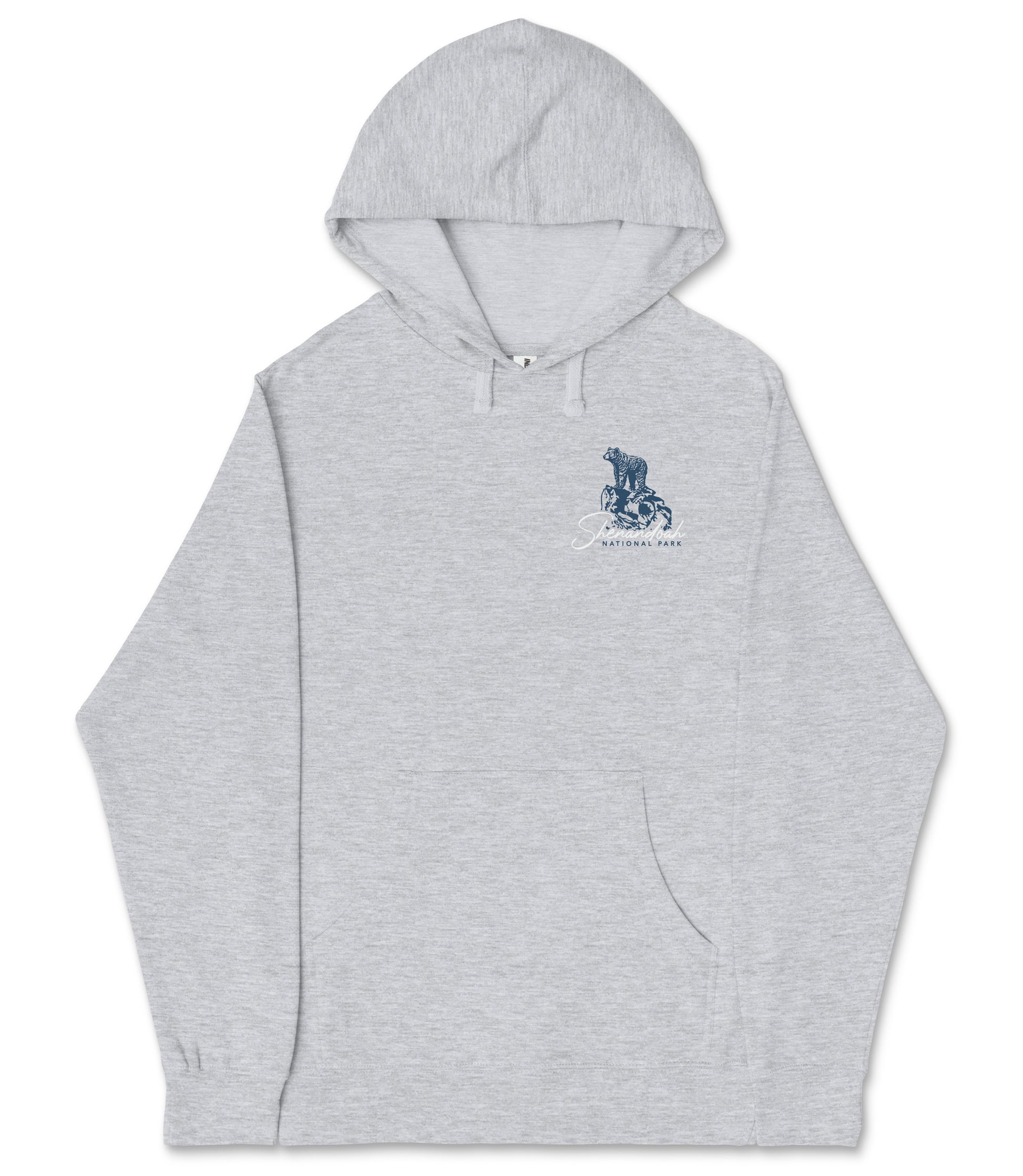A gray hooded sweatshirt with a graphic design on the left side.