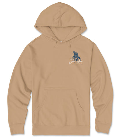 A beige hooded sweatshirt with a graphic design on the front.