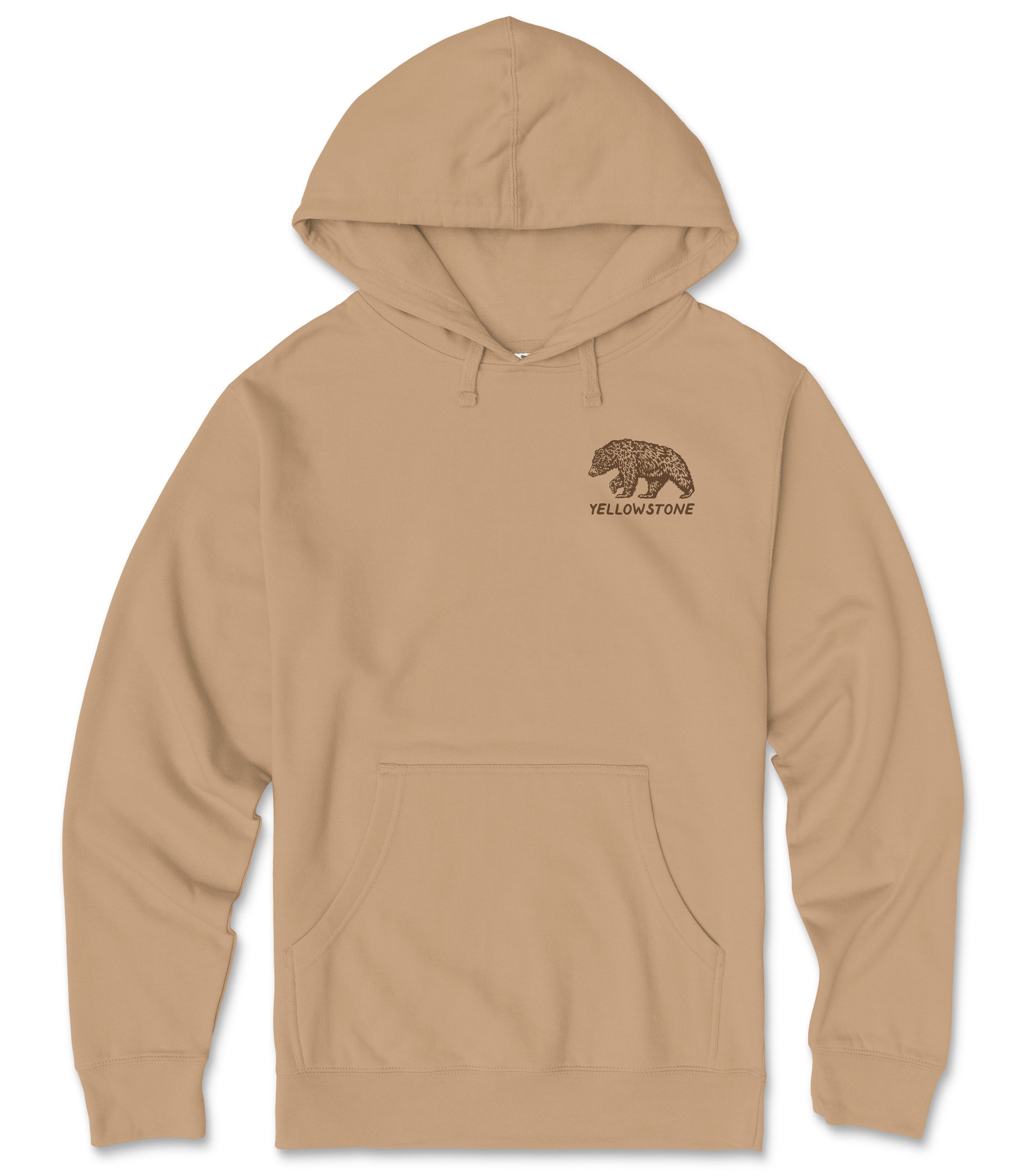 A beige hooded sweatshirt with a graphic of a bear on the front.