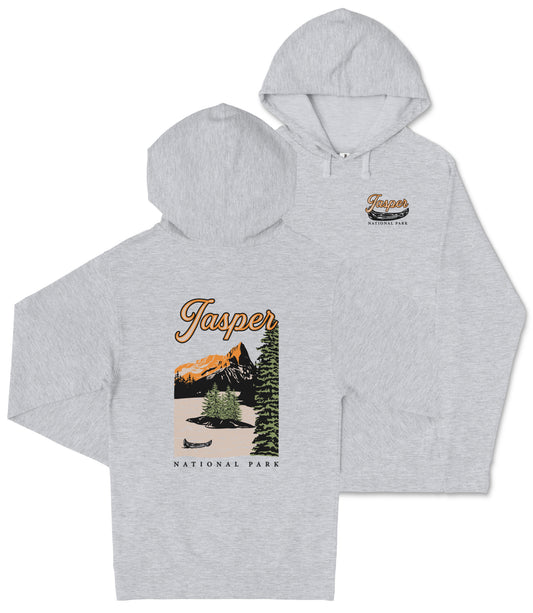 A grey hooded sweatshirt with a graphic design depicting a scenic landscape, including mountains, trees, and a lake.