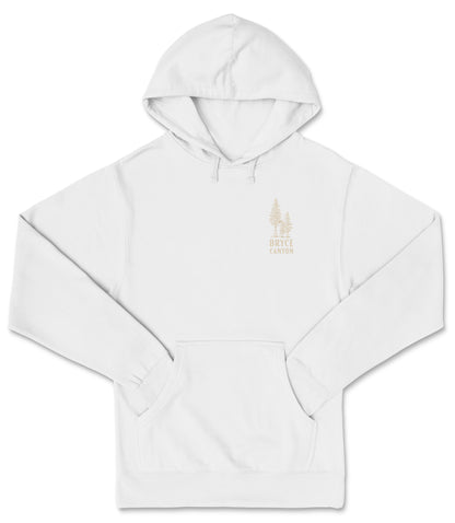 A white hoodie with a logo on the front.