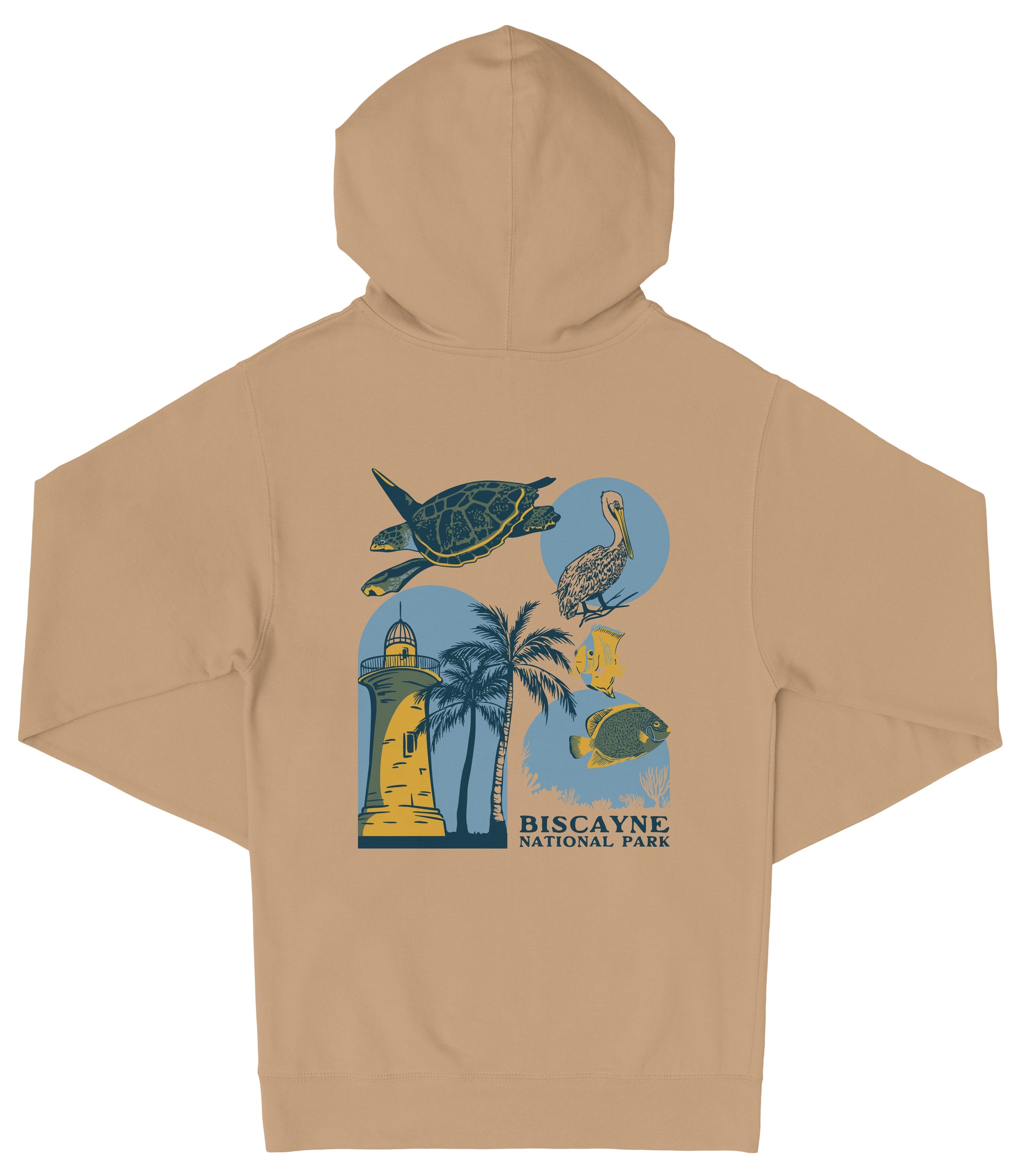 A beige hoodie with a graphic design featuring various sea creatures, including a turtle, a bird, and a palm tree, along with the text "Biscayne National Park".