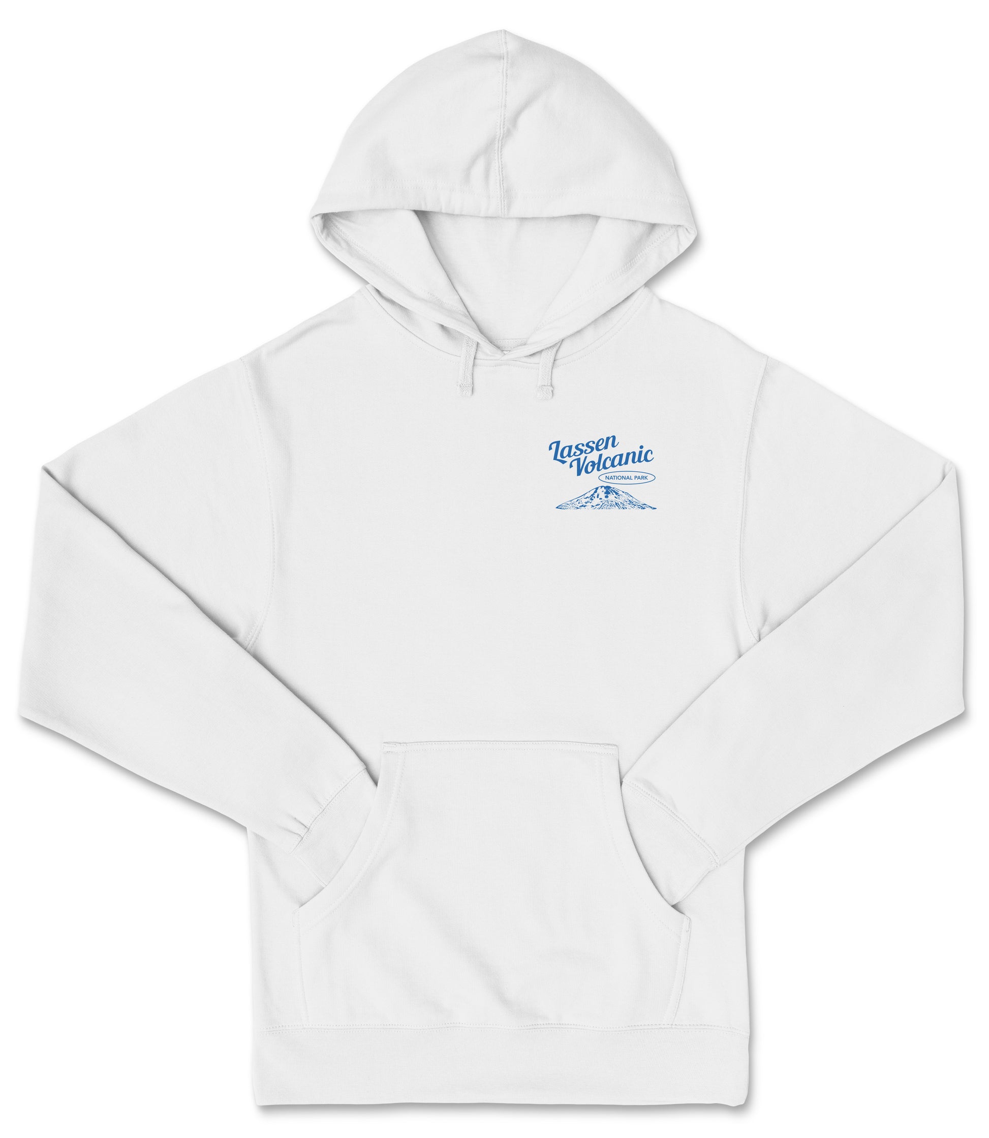 A white hoodie with a blue logo on the left side.