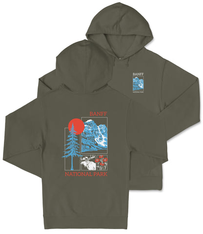 A grey hooded sweatshirt with a graphic design featuring a mountain landscape, a sun, and a tree.