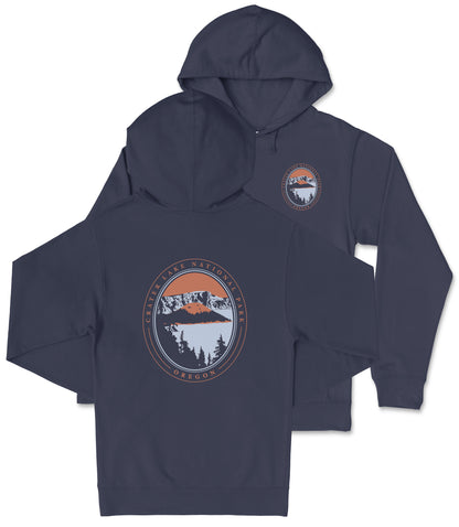 A navy blue hooded sweatshirt with a graphic design on the back featuring a mountain landscape and the text "Cater Lake National Park Oregon".