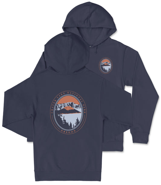 A navy blue hooded sweatshirt with a graphic design on the back featuring a mountain landscape and the text "Cater Lake National Park Oregon".