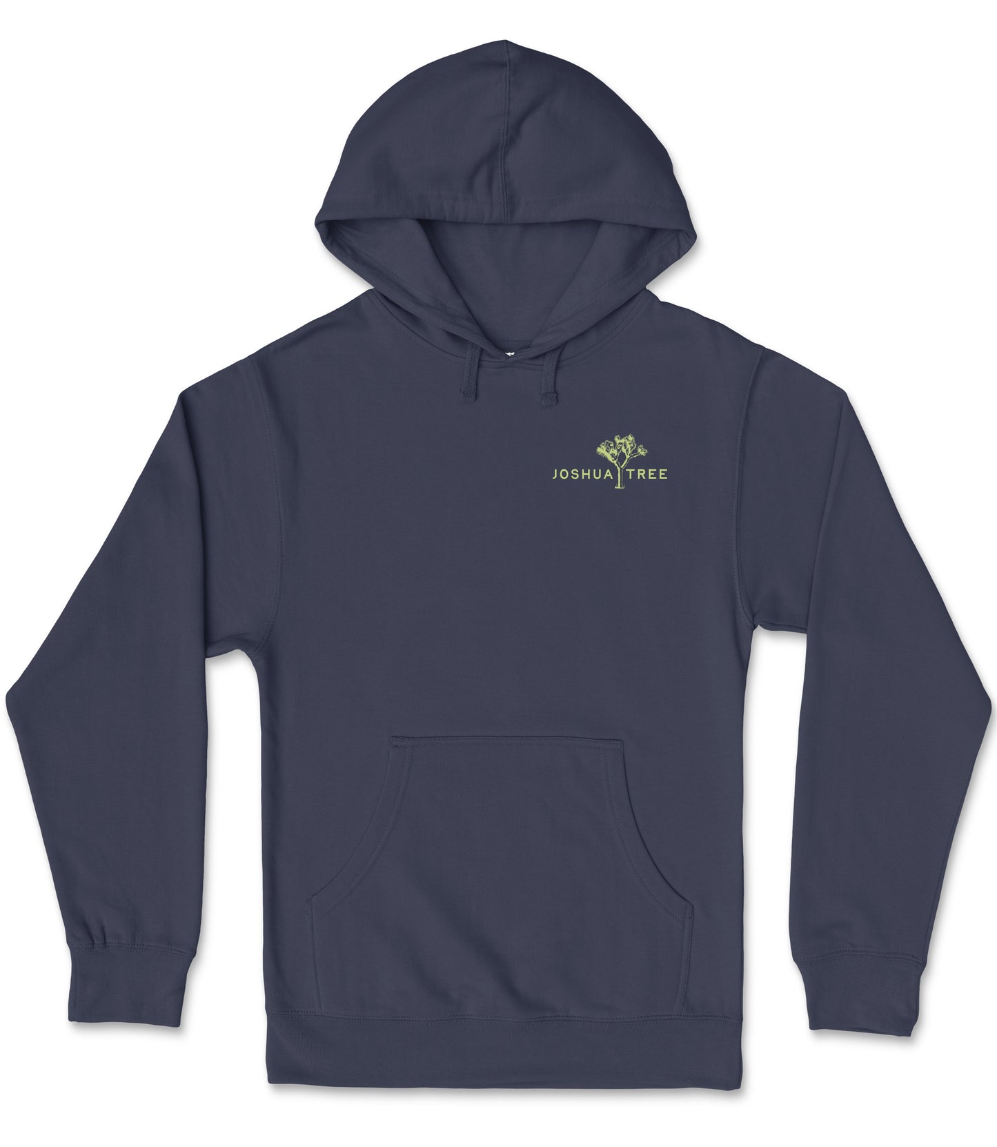 A navy blue hooded sweatshirt with a logo on the left side.
