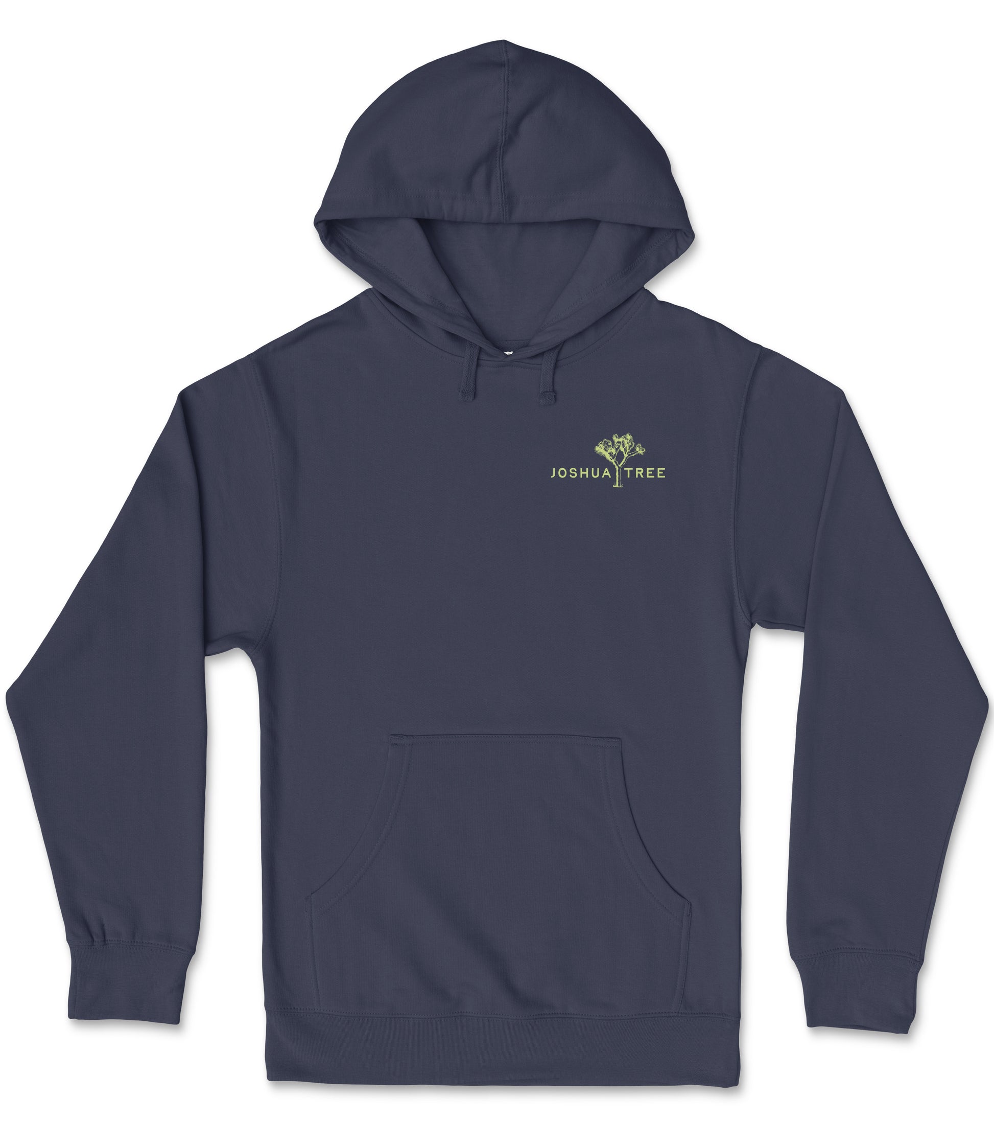 A navy blue hooded sweatshirt with a logo on the left side.