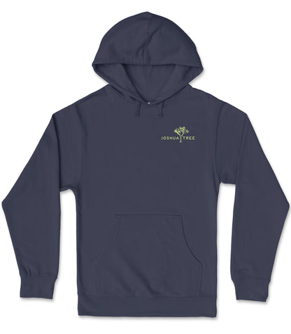 A navy blue hooded sweatshirt with a logo on the left side.