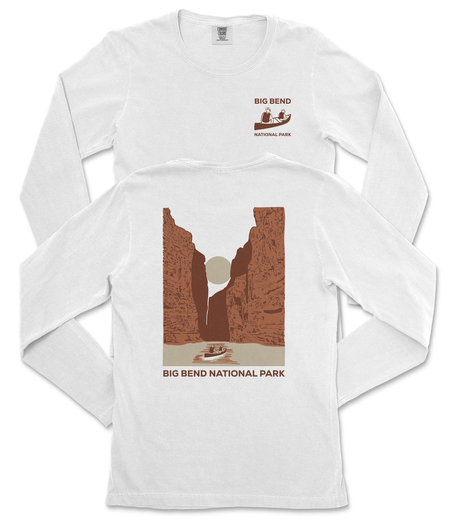 A white long-sleeved t-shirt with a graphic design depicting a canyon and a boat on a river, along with the text "BIG BEND NATIONAL PARK" printed on the back.