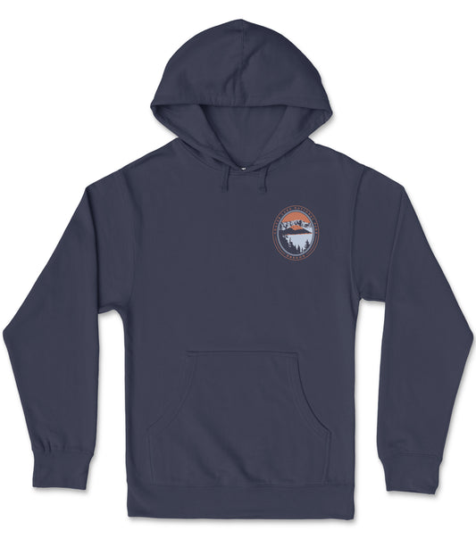 A navy blue hooded sweatshirt with a graphic design on the front.
