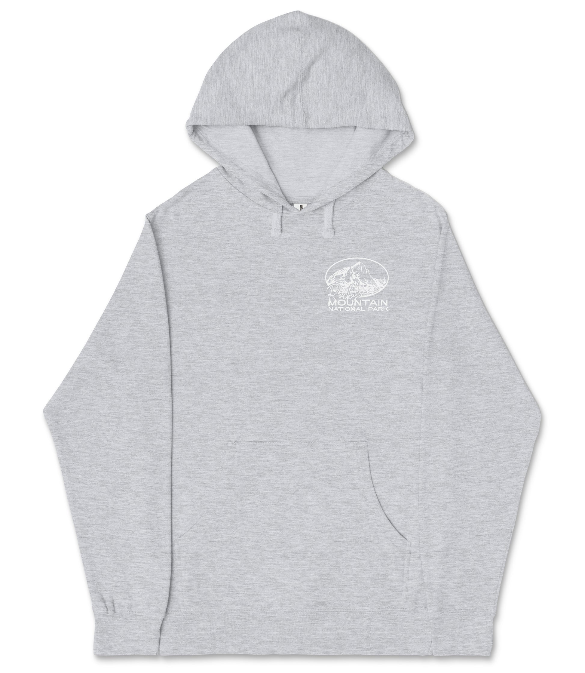 A gray hooded sweatshirt with a mountain graphic on the front.
