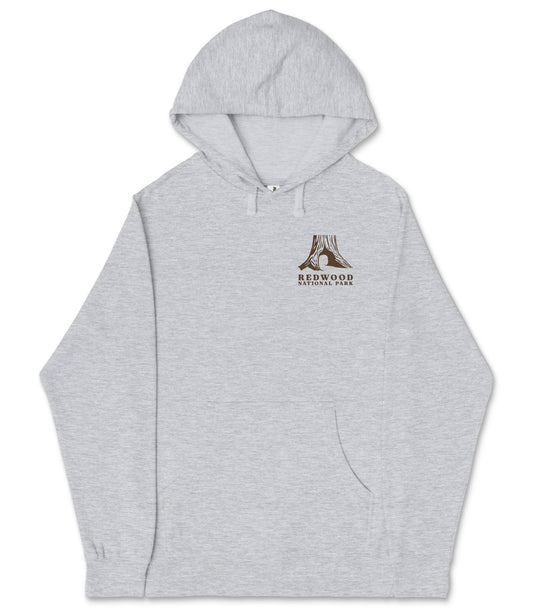 A gray hooded sweatshirt with a logo on the left side.