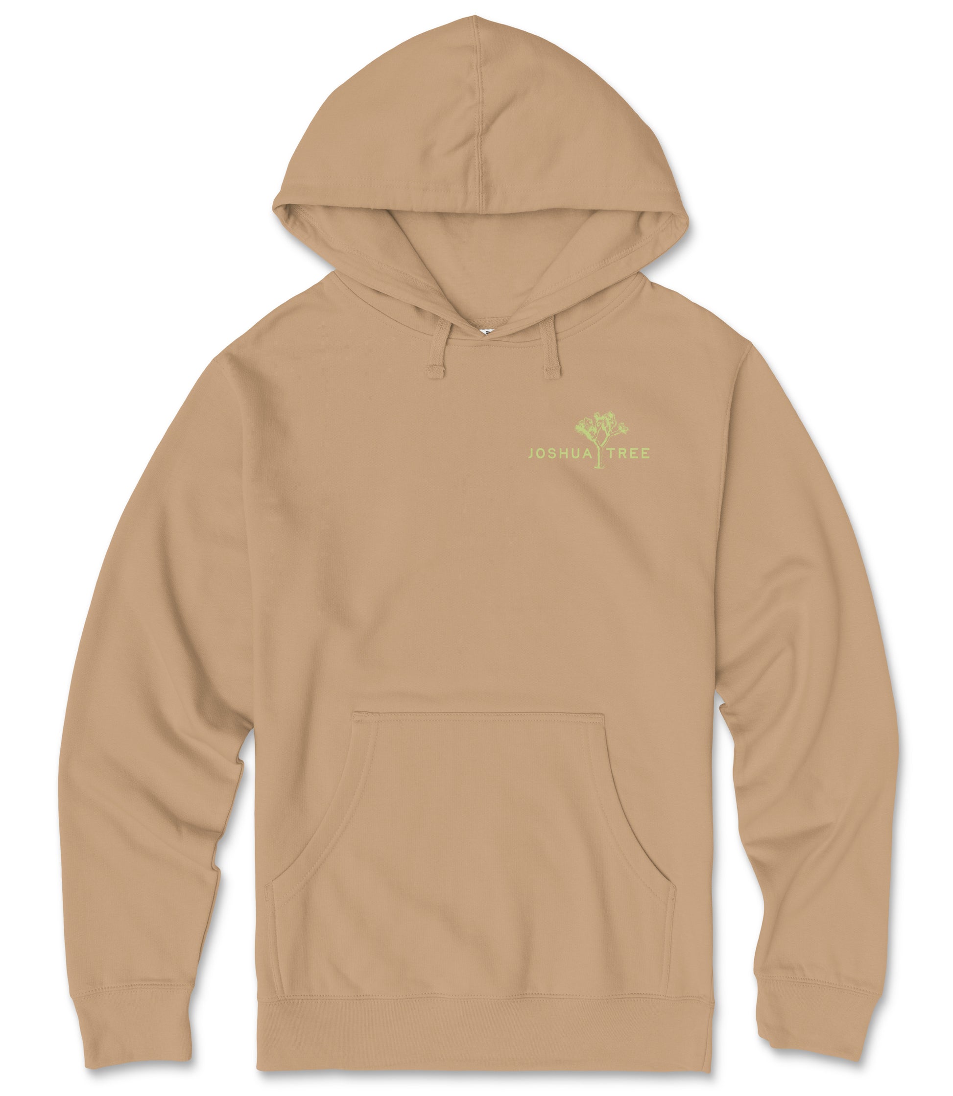 A beige hooded sweatshirt with a logo on the front.