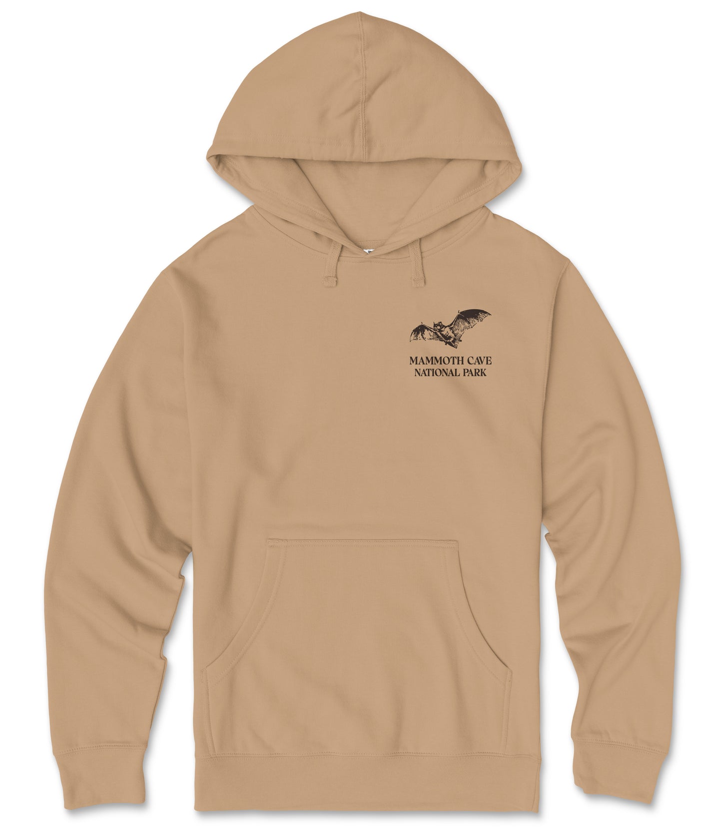 A beige hooded sweatshirt with a graphic design and text on the front.